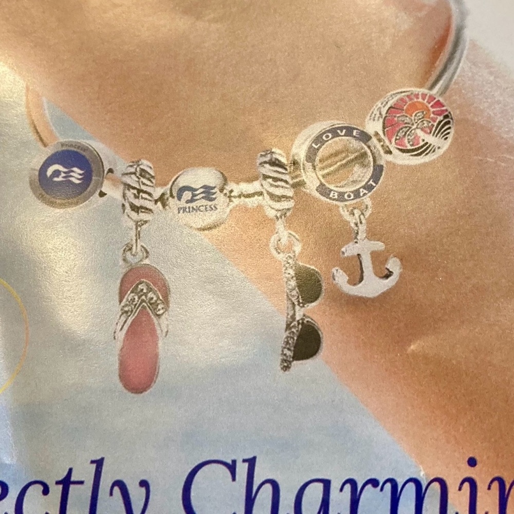 Brand new, authentic Princess Cruise Bangle Charm Bracelet - Silver w/ Charms